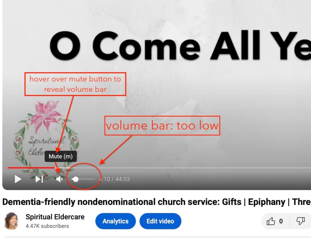 Location of mute/unmute button and volume bar on a YouTube video, lower left corner.